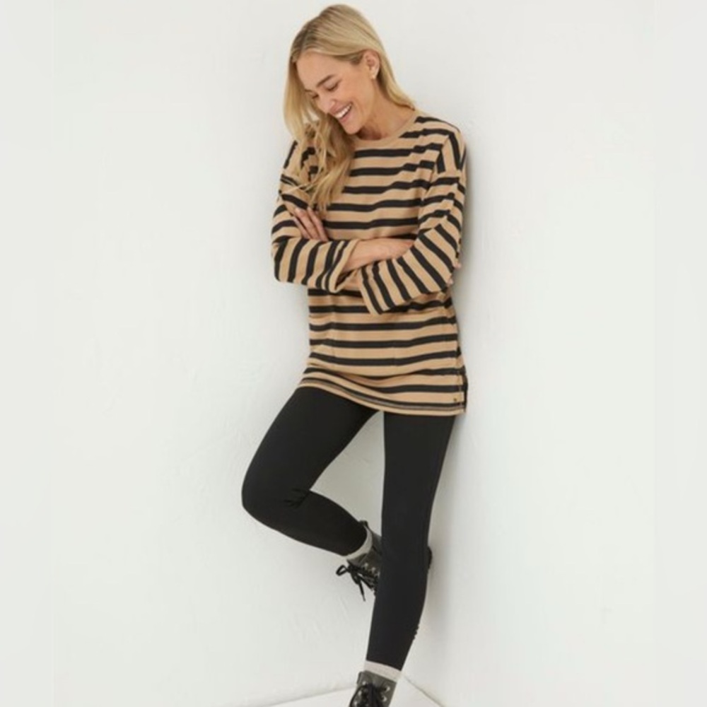FAT‎ FACE Amari Tan Black Striped Tunic Pockets Pullover Crewneck Size 12